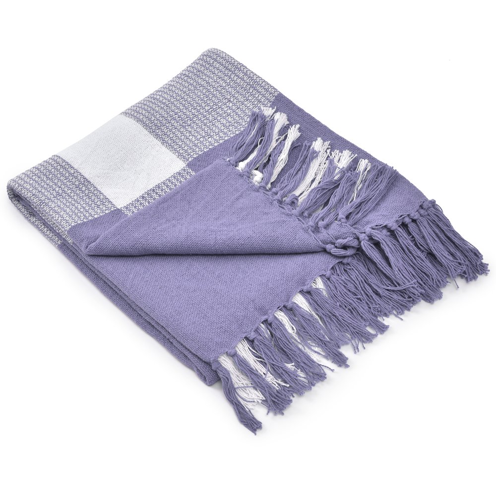 Purple/White Tartan/Plaid Hand-Woven All-Natural Cotton Throw Blanket. Picture 3