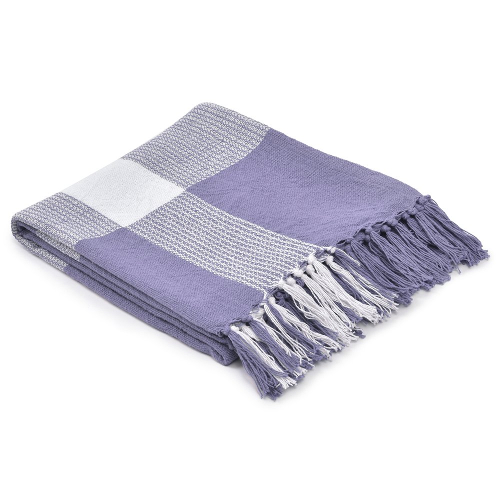 Purple/White Tartan/Plaid Hand-Woven All-Natural Cotton Throw Blanket. Picture 6