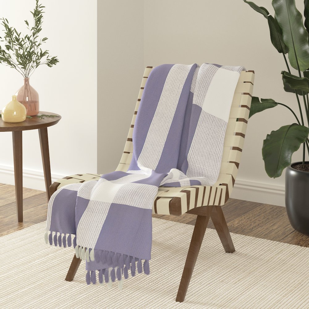 Purple/White Tartan/Plaid Hand-Woven All-Natural Cotton Throw Blanket. Picture 2