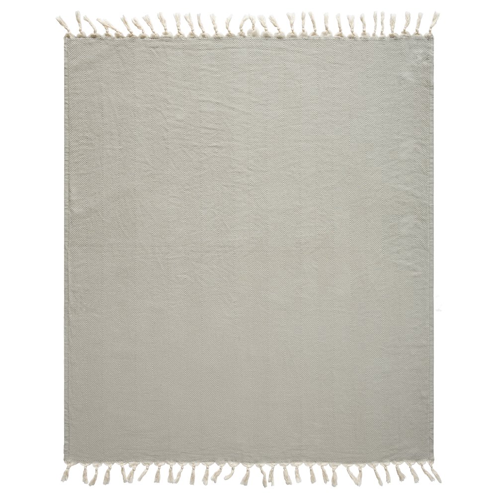 Grey/Cream Herringbone All-Natural Cotton Throw Blanket. Picture 1
