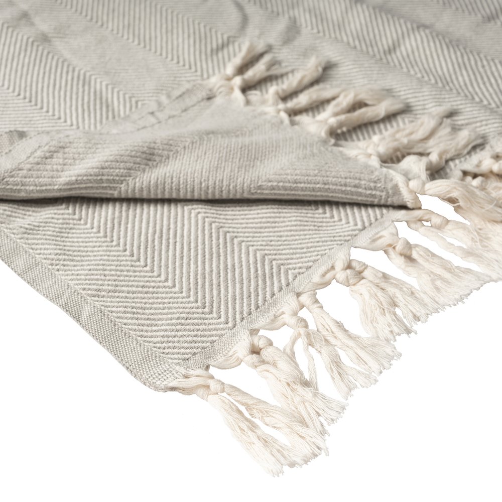Grey/Cream Herringbone All-Natural Cotton Throw Blanket. Picture 3