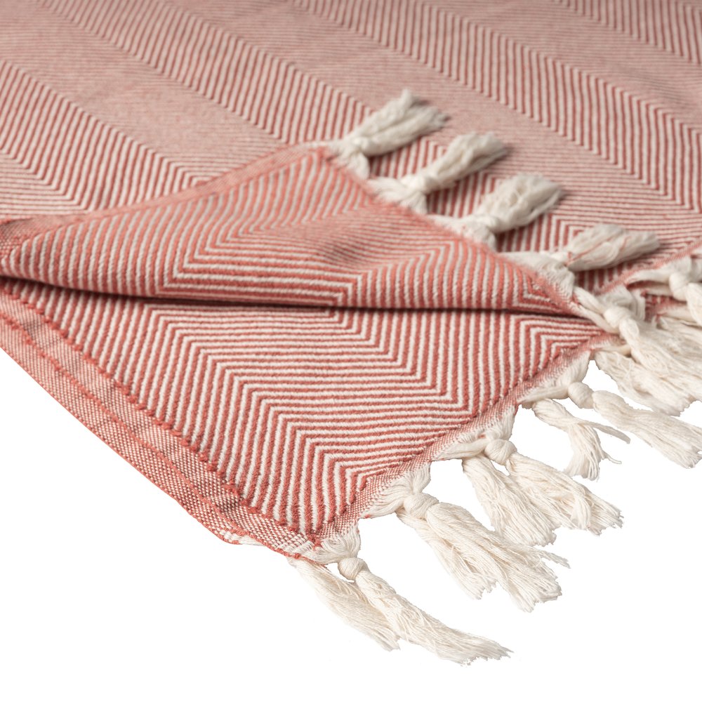 Cinnamon Orange/Cream Herringbone Turkish All-Natural Cotton Throw Blanket. Picture 3