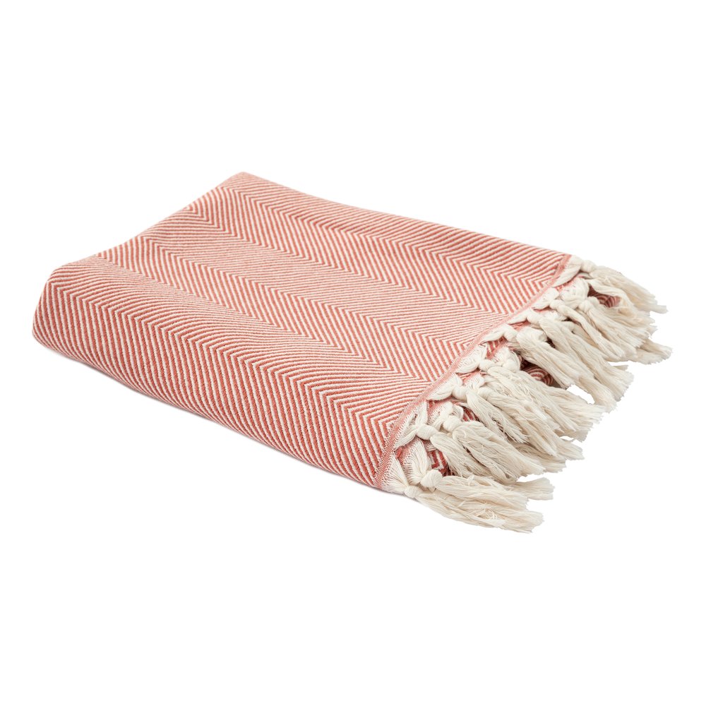 Cinnamon Orange/Cream Herringbone Turkish All-Natural Cotton Throw Blanket. Picture 5