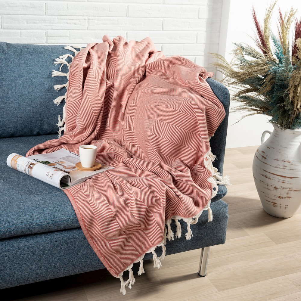 Cinnamon Orange/Cream Herringbone Turkish All-Natural Cotton Throw Blanket. Picture 2