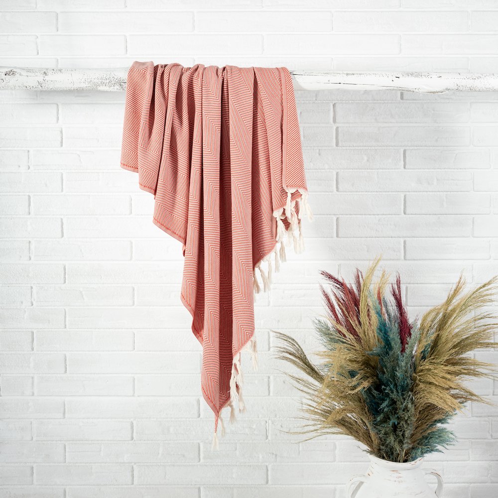 Cinnamon Orange/Cream Herringbone Turkish All-Natural Cotton Throw Blanket. Picture 7