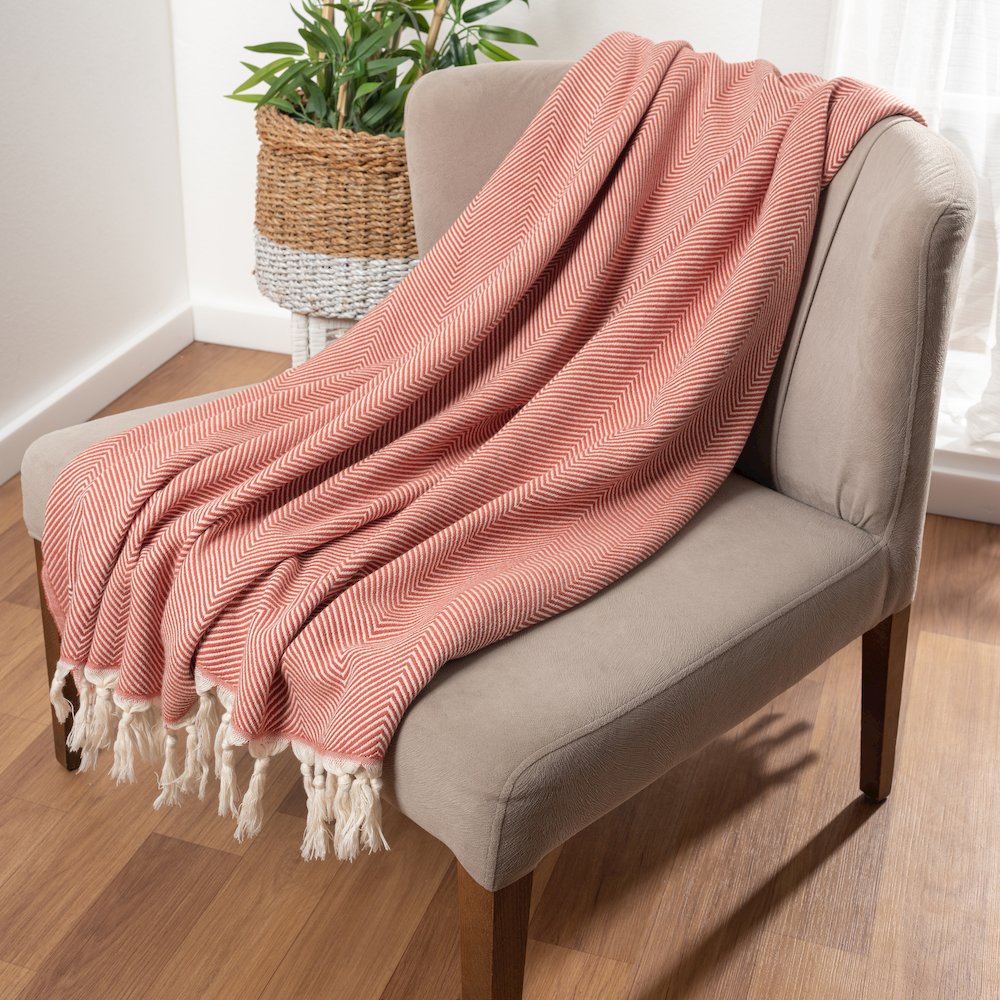 Cinnamon Orange/Cream Herringbone Turkish All-Natural Cotton Throw Blanket. Picture 8