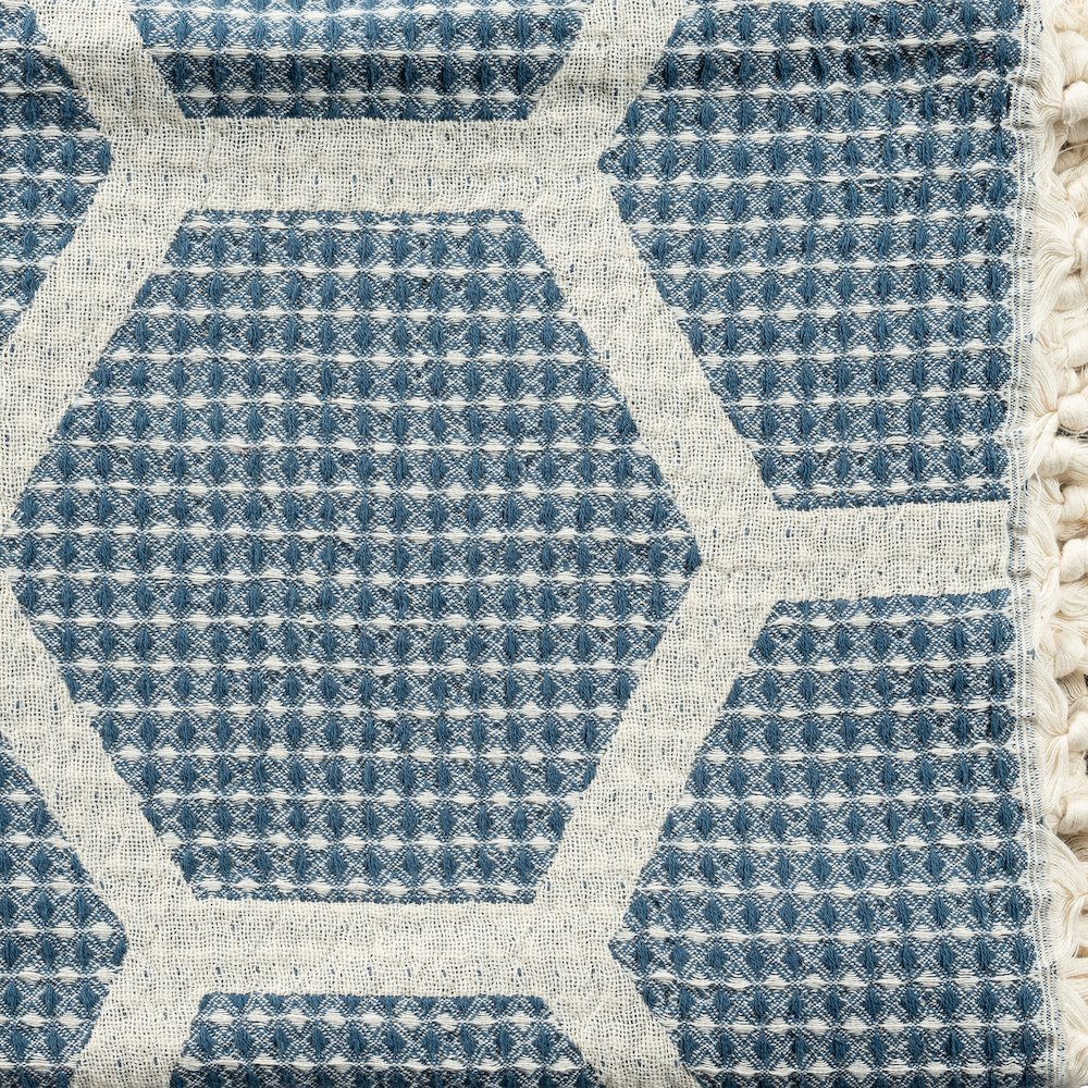 Avery Geometric/Honeycomb All-Natural Turkish Cotton Throw Blanket, Blue. Picture 6