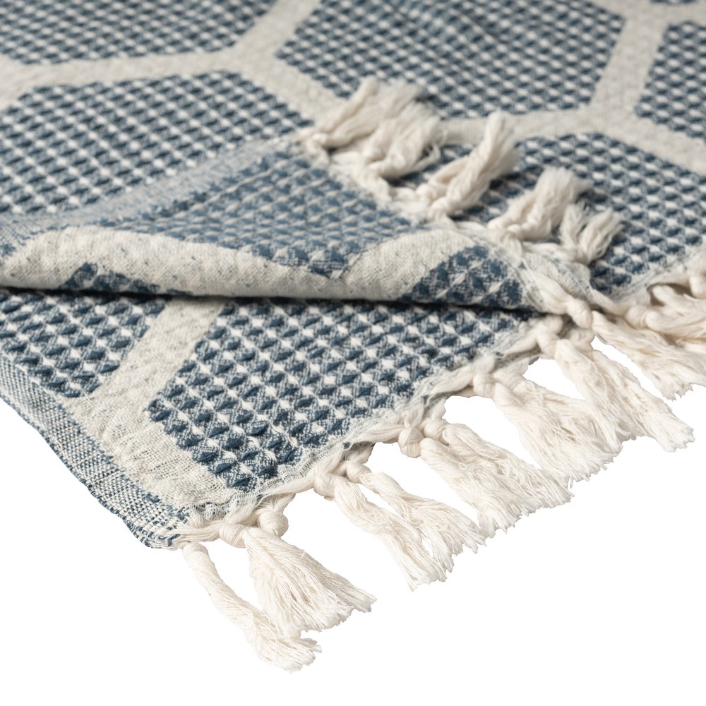 Avery Geometric/Honeycomb All-Natural Turkish Cotton Throw Blanket, Blue. Picture 3
