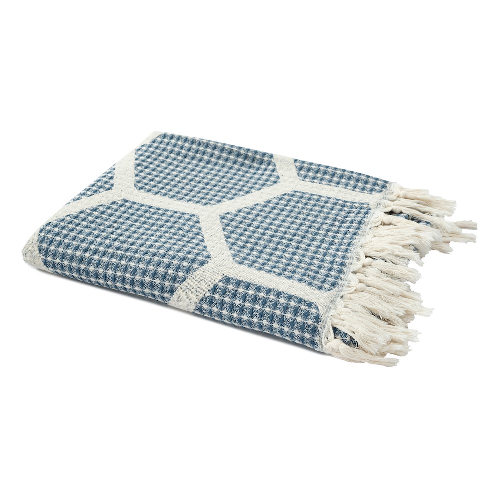 Avery Geometric/Honeycomb All-Natural Turkish Cotton Throw Blanket, Blue. Picture 5