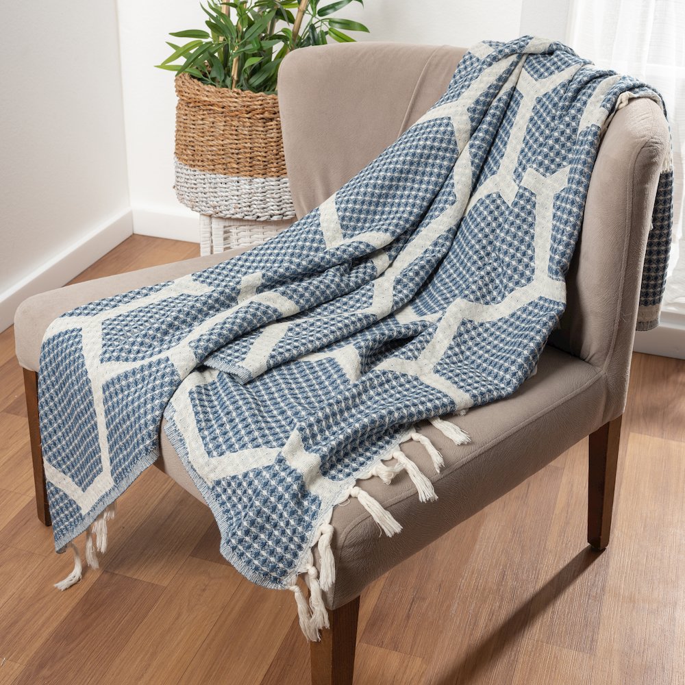 Avery Geometric/Honeycomb All-Natural Turkish Cotton Throw Blanket, Blue. Picture 8