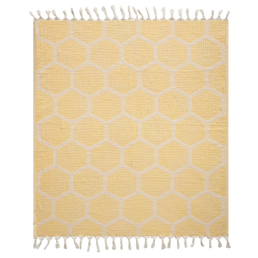 Avery Geometric/Honeycomb All-Natural Turkish Cotton Throw Blanket, Yellow. Picture 1