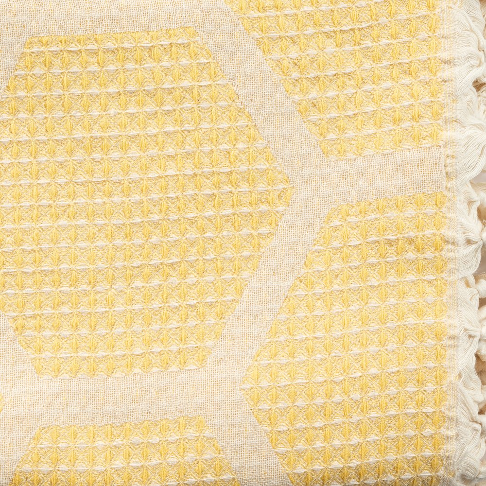 Avery Geometric/Honeycomb All-Natural Turkish Cotton Throw Blanket, Yellow. Picture 6