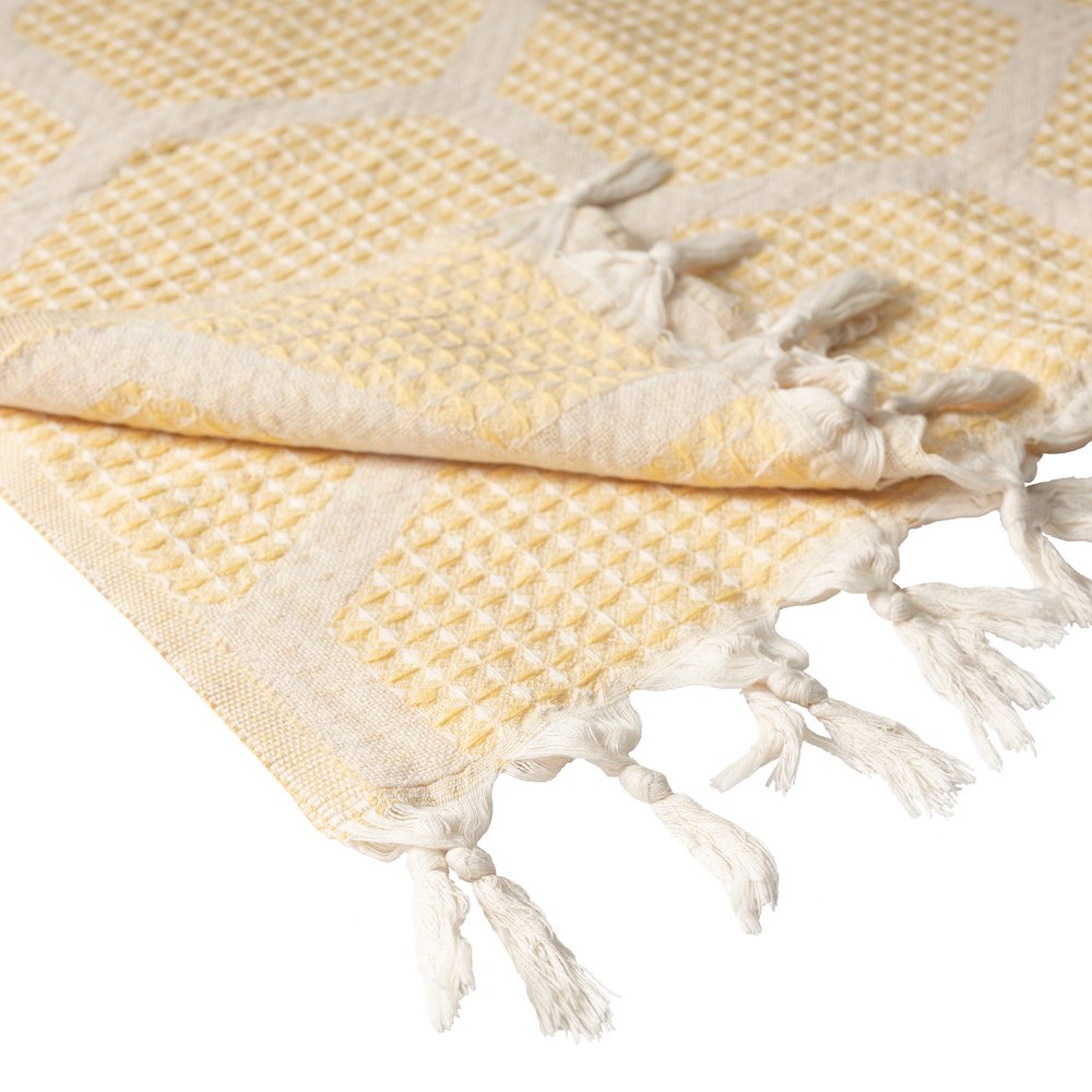 Avery Geometric/Honeycomb All-Natural Turkish Cotton Throw Blanket, Yellow. Picture 3