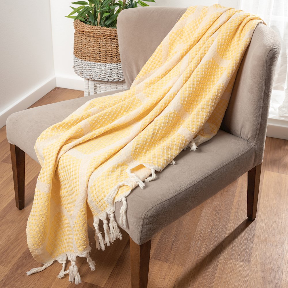 Avery Geometric/Honeycomb All-Natural Turkish Cotton Throw Blanket, Yellow. Picture 8
