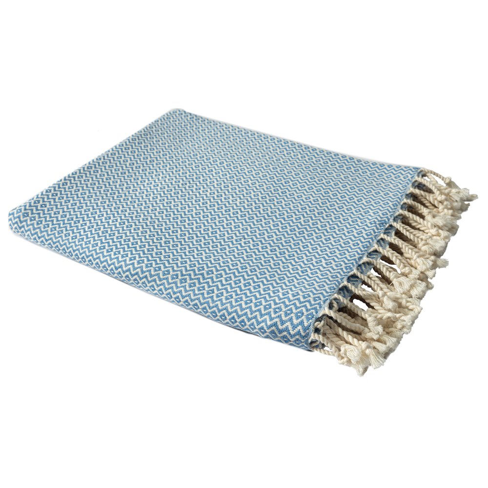 Blue/White Diamond Turkish All-Natural Cotton Throw Blanket. Picture 5
