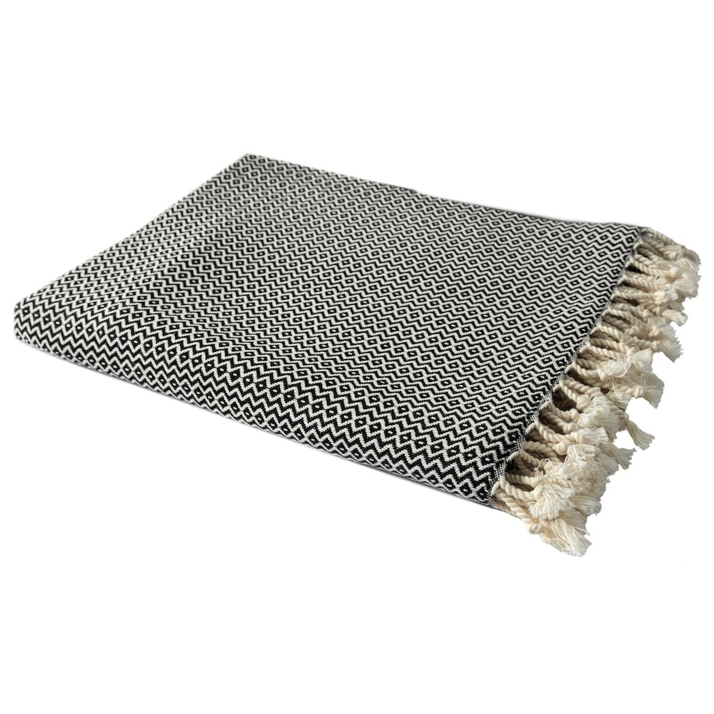 Black/White Diamond Turkish All-Natural Cotton Throw Blanket. Picture 5