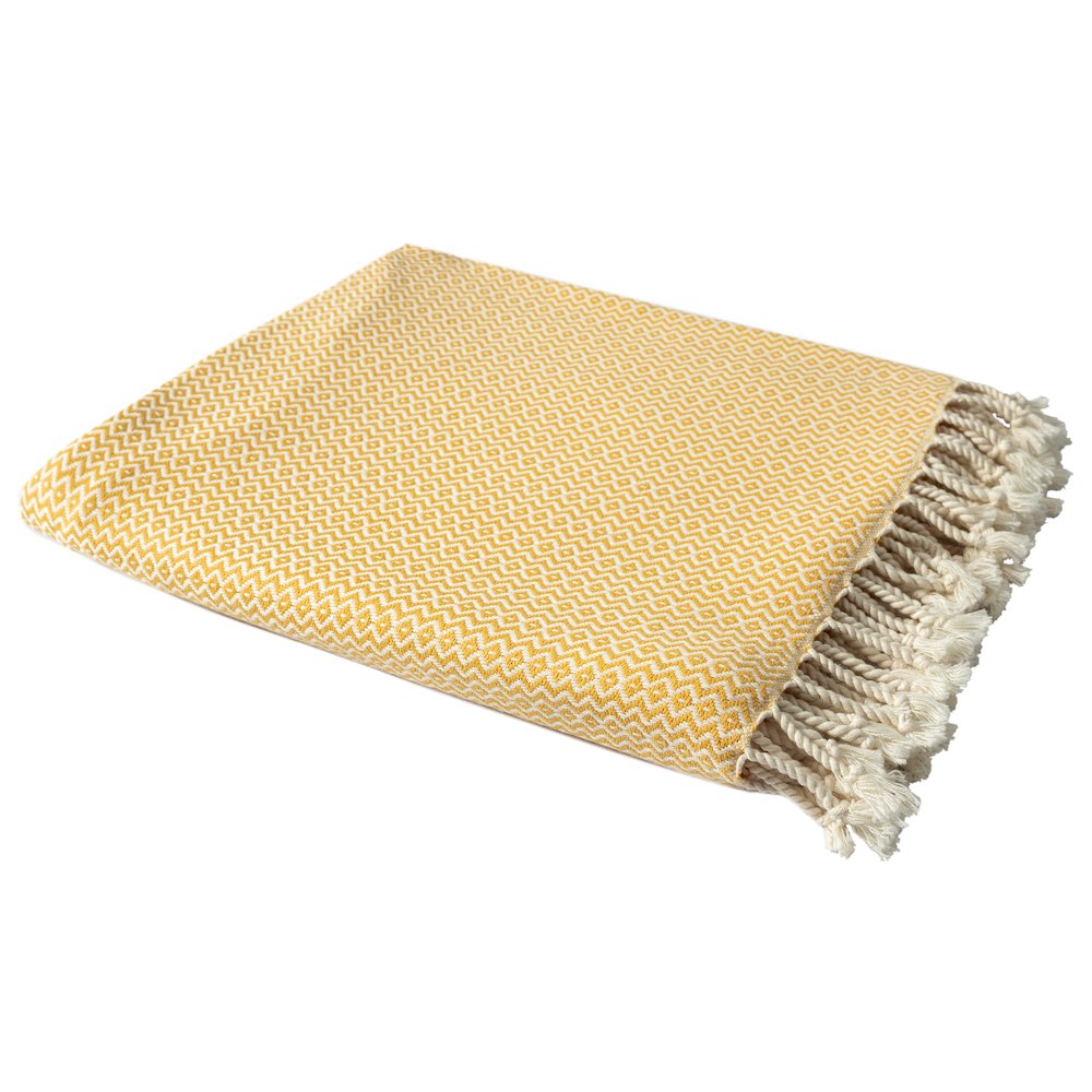 Yellow/White Diamond Turkish All-Natural Cotton Throw Blanket. Picture 5