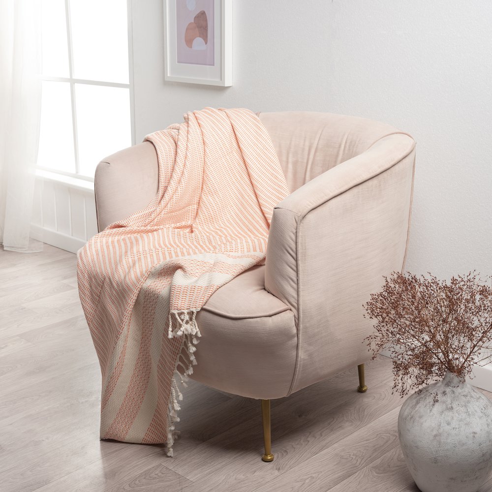 Orange/White Striped Turkish All-Natural Cotton Throw Blanket. Picture 2