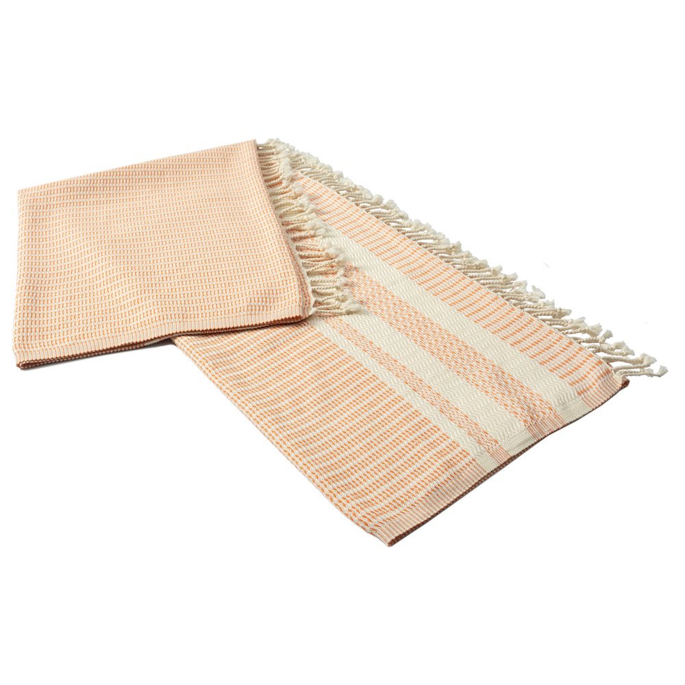 Orange/White Striped Turkish All-Natural Cotton Throw Blanket. Picture 4
