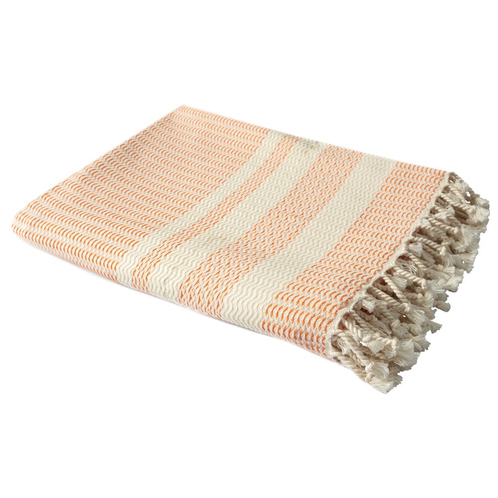Orange/White Striped Turkish All-Natural Cotton Throw Blanket. Picture 5