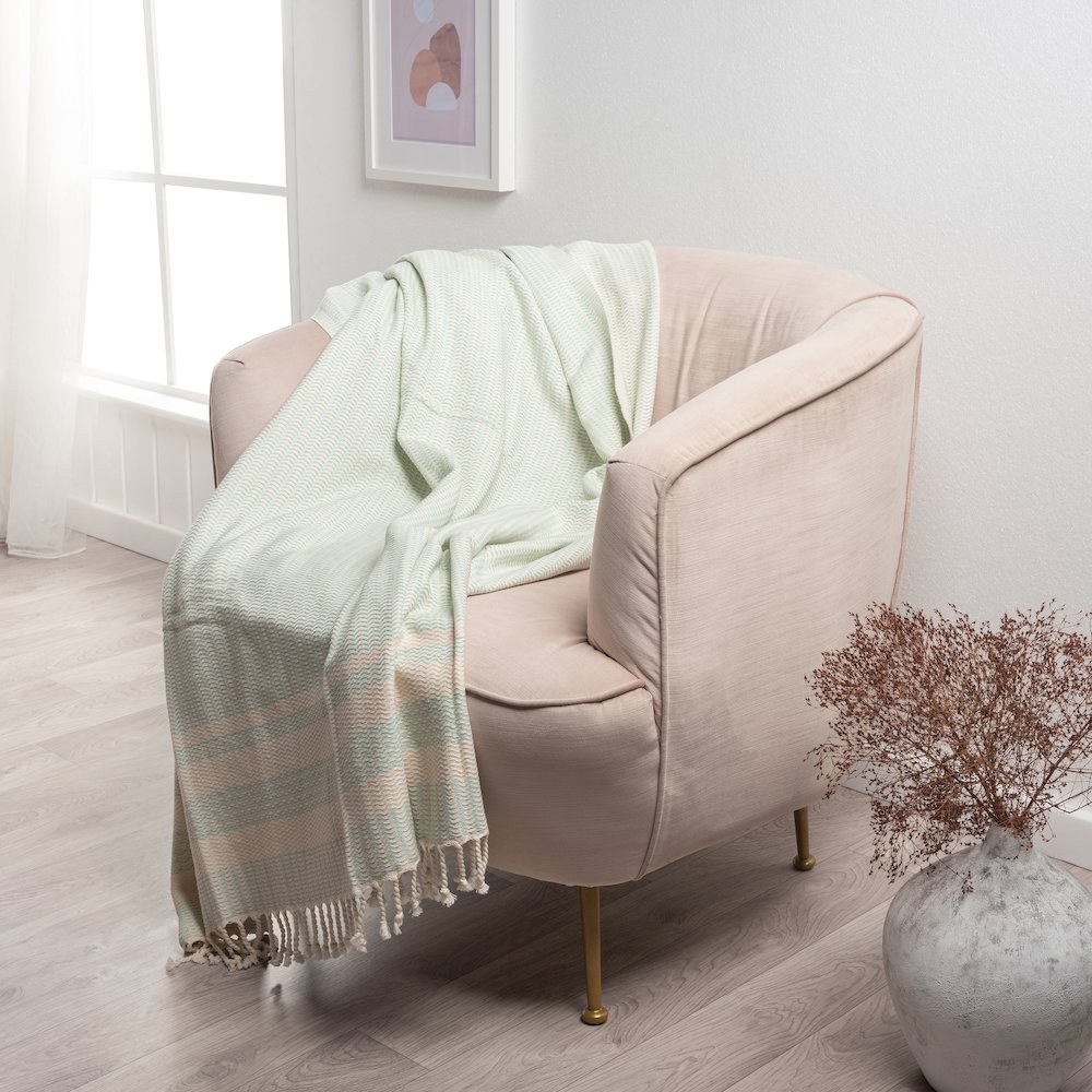 Light Turquoise/White Striped Turkish All-Natural Cotton Throw Blanket. Picture 2