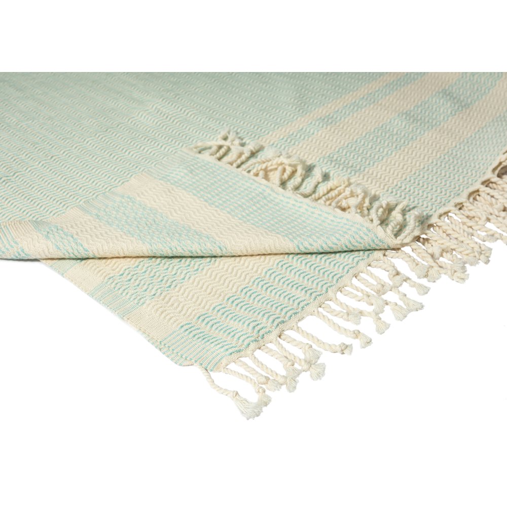 Light Turquoise/White Striped Turkish All-Natural Cotton Throw Blanket. Picture 3