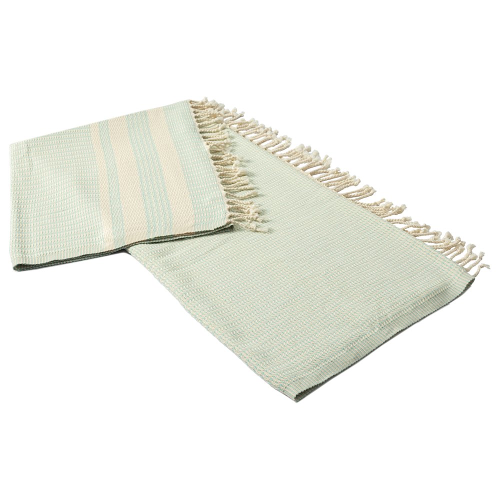 Light Turquoise/White Striped Turkish All-Natural Cotton Throw Blanket. Picture 4