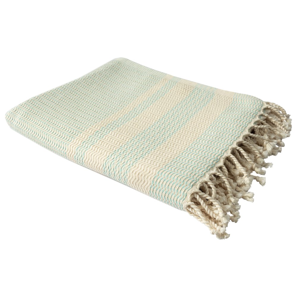 Light Turquoise/White Striped Turkish All-Natural Cotton Throw Blanket. Picture 5