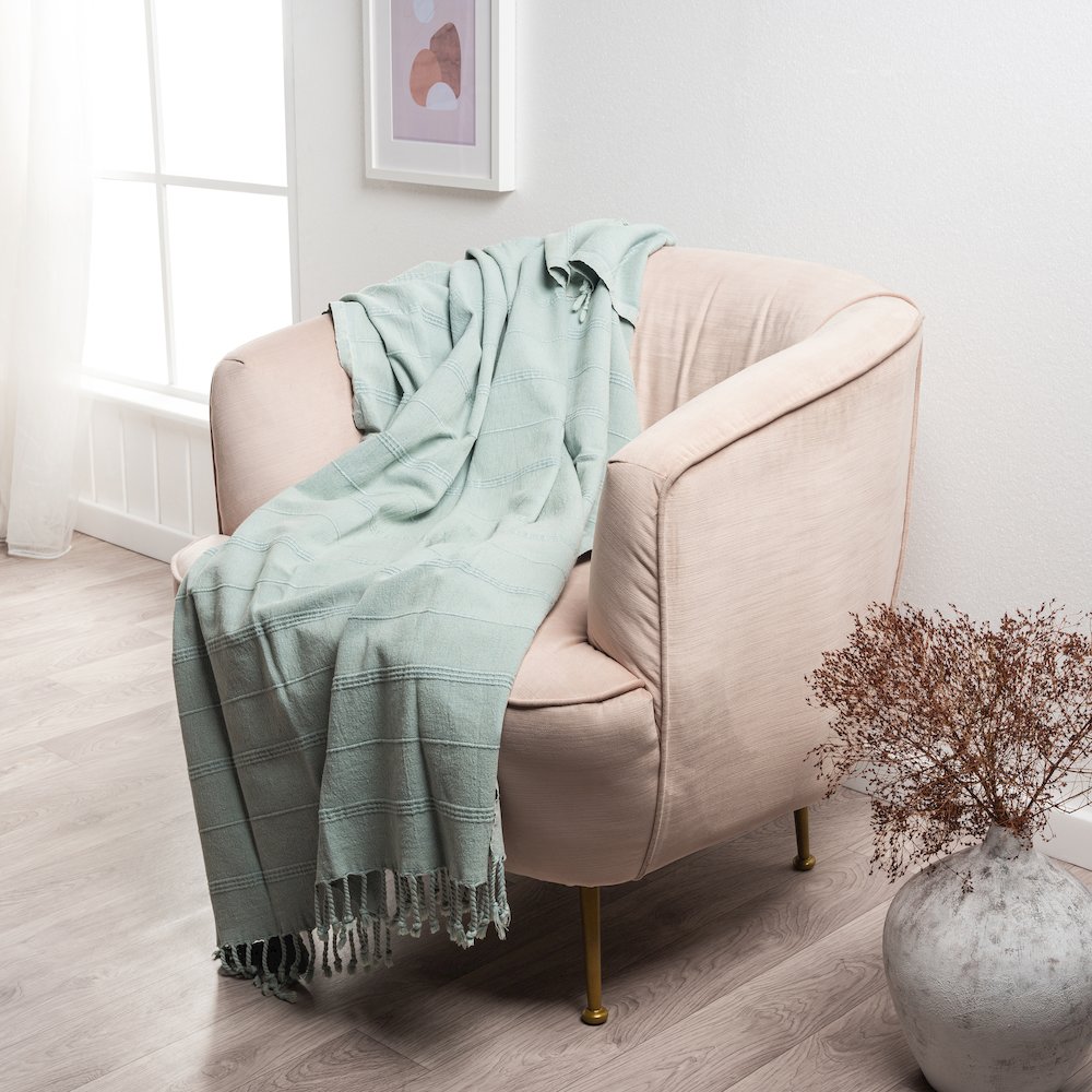 Aloe Green Striped Turkish All-Natural Cotton Throw Blanket. Picture 2