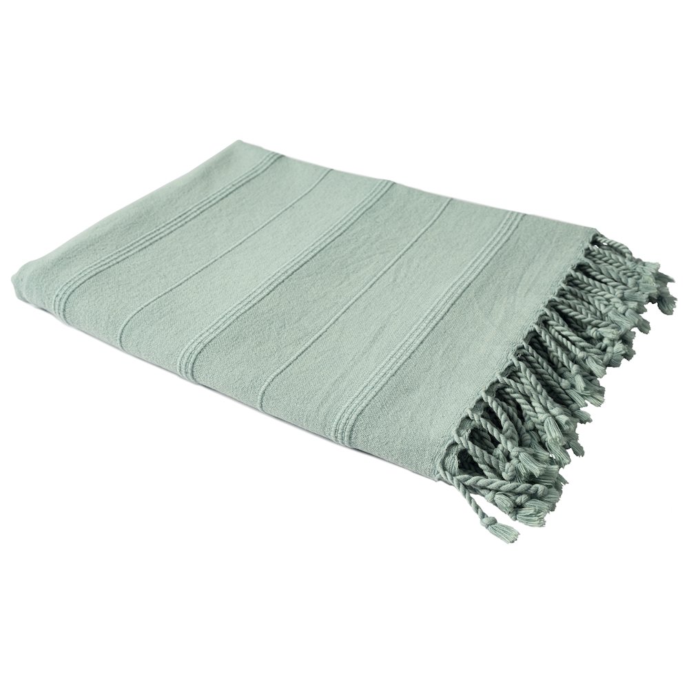 Aloe Green Striped Turkish All-Natural Cotton Throw Blanket. Picture 5