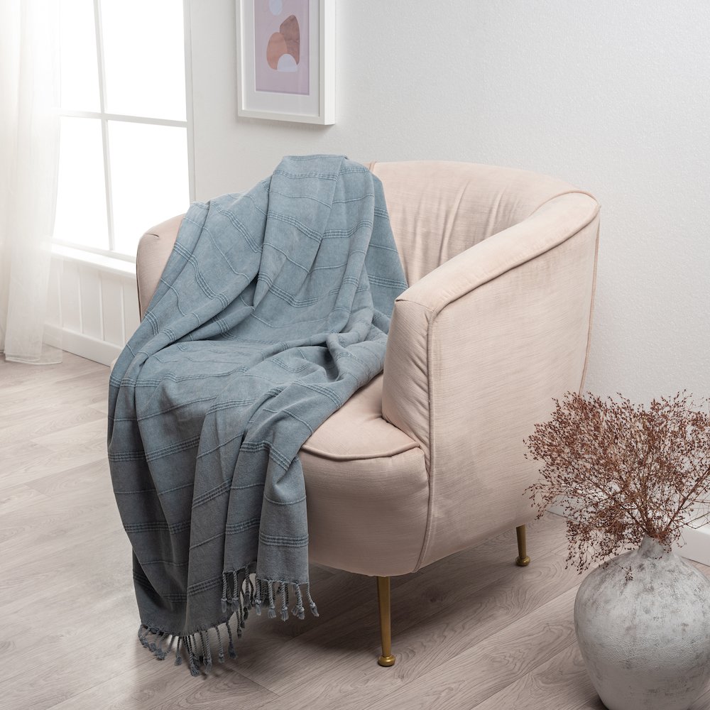 Steel Gray Striped Turkish All-Natural Cotton Throw Blanket. Picture 2