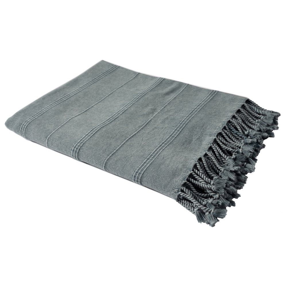 Steel Gray Striped Turkish All-Natural Cotton Throw Blanket. Picture 5