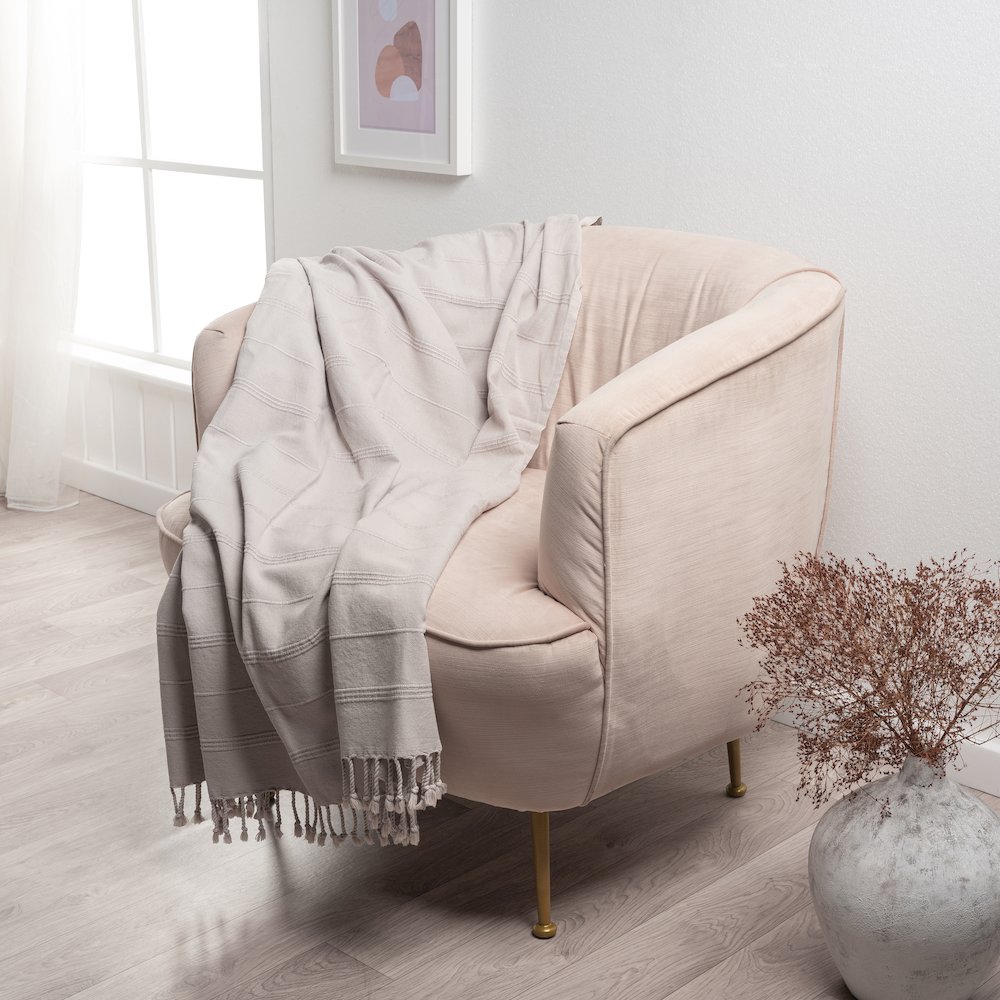 Light Taupe Striped Turkish All-Natural Cotton Throw Blanket. Picture 2