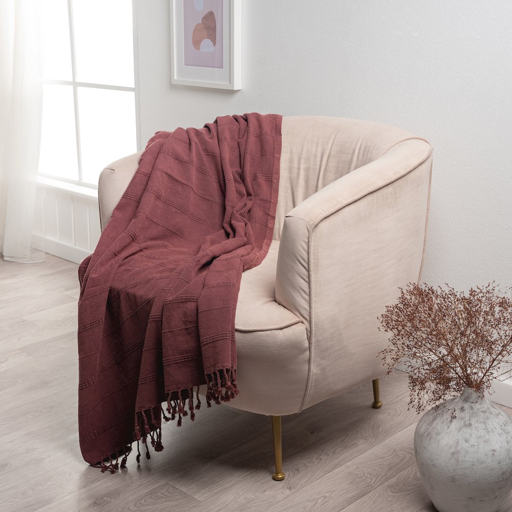 Burgundy Striped Turkish All-Natural Cotton Throw Blanket. Picture 2