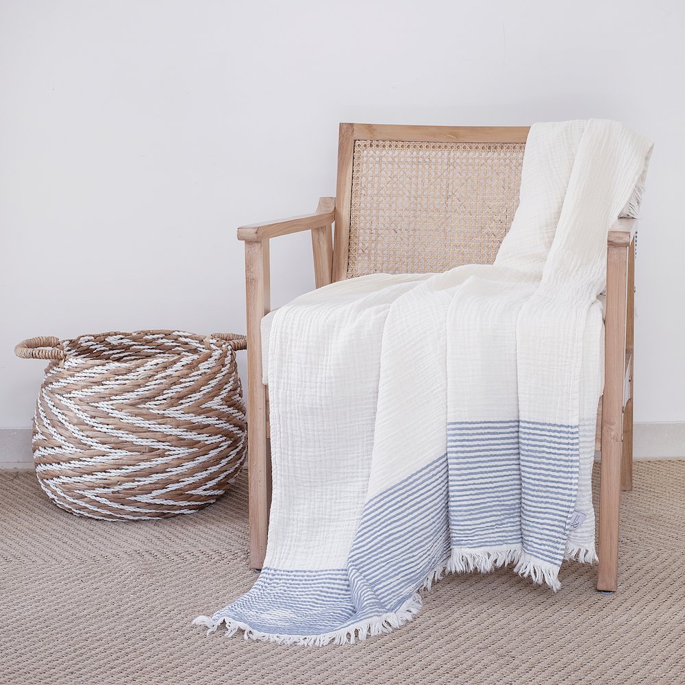 Blue/Ivory Farmhouse Striped Cotton Throw Blanket. Picture 2