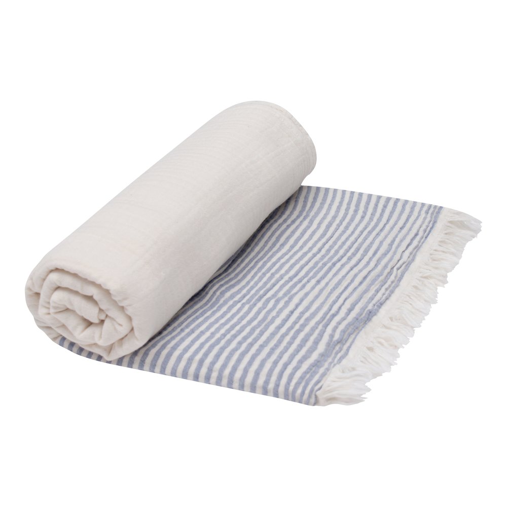 Blue/Ivory Farmhouse Striped Cotton Throw Blanket. Picture 7