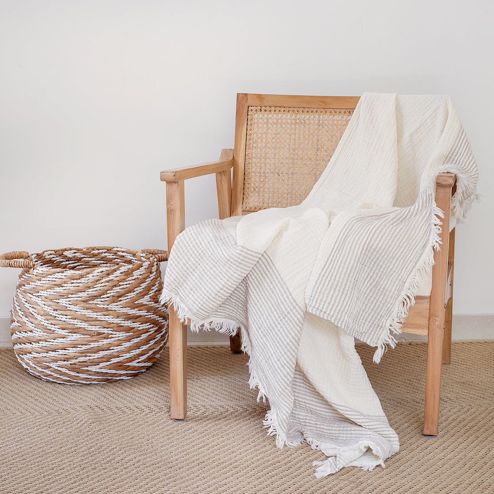 Beige/Ivory Farmhouse Striped Cotton Throw Blanket. Picture 2