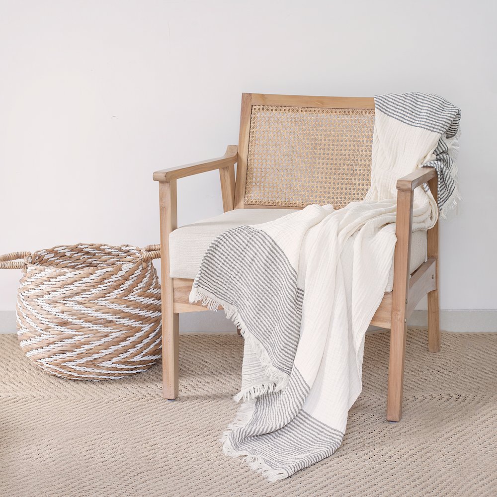 Gray/Ivory Farmhouse Striped Cotton Throw Blanket. Picture 2