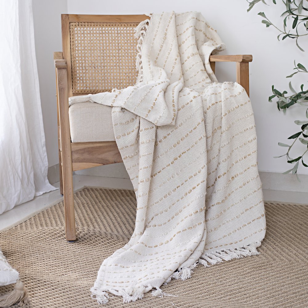 White/ Beige Striped Ombre Farmhouse Flatweave Throw Blanket. Picture 2
