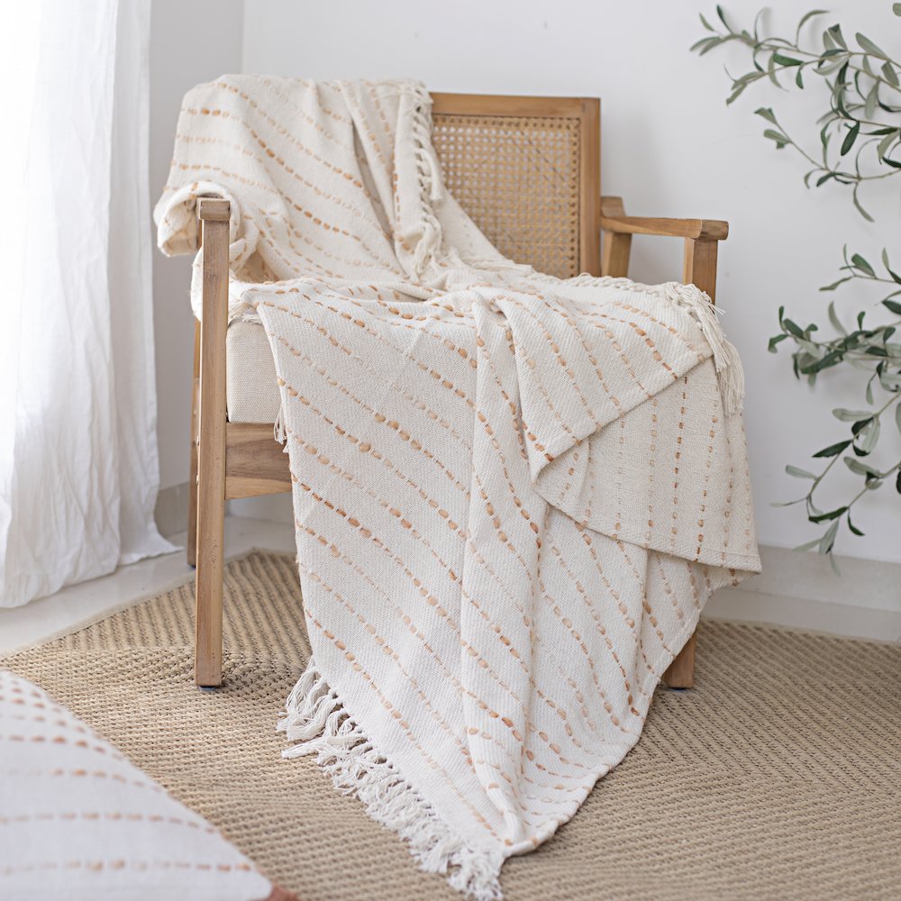 White/ Abobe Striped Ombre Farmhouse Flatweave Throw Blanket. Picture 2