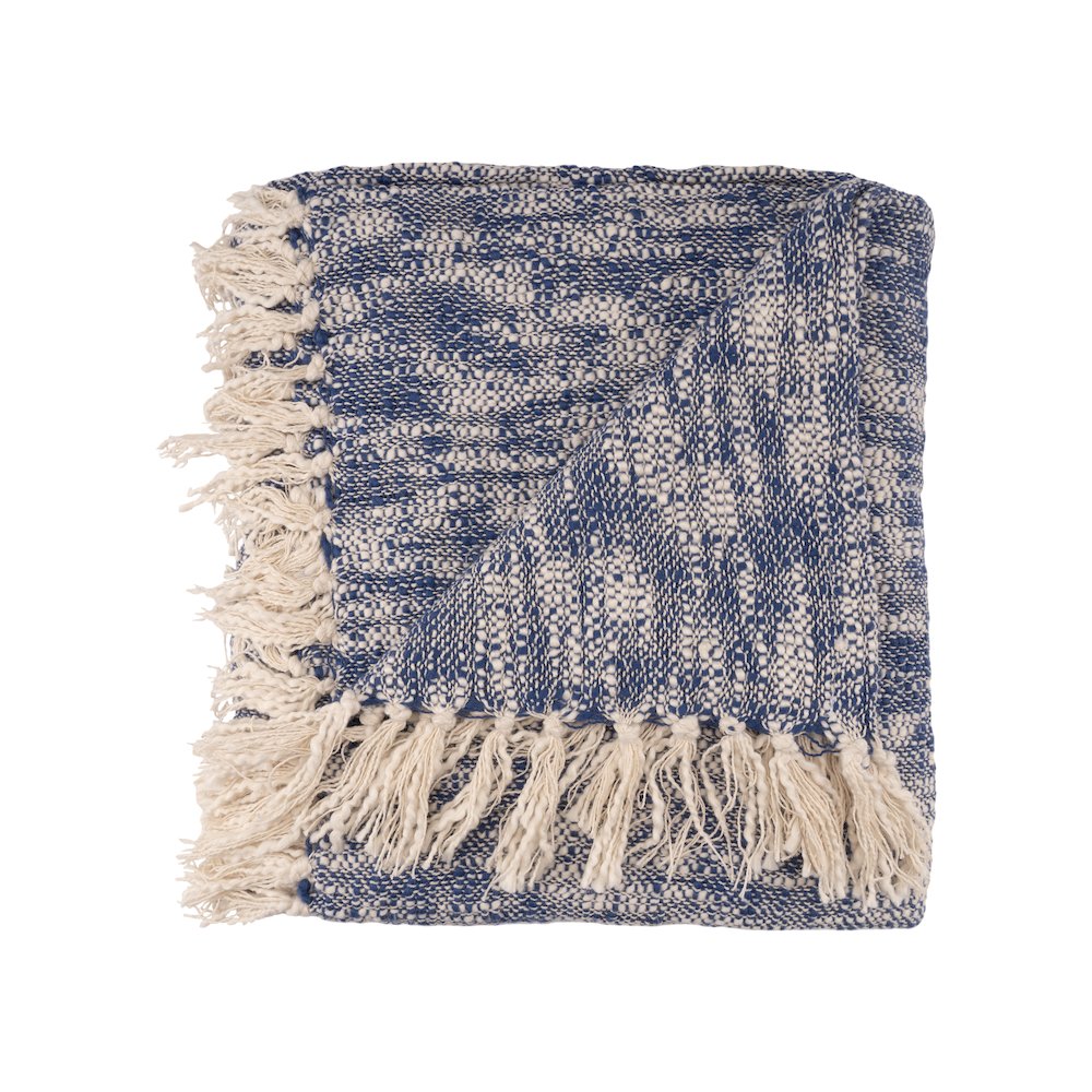 Blue/White Distressed Hand-Woven All-Natural Cotton Throw Blanket. Picture 1