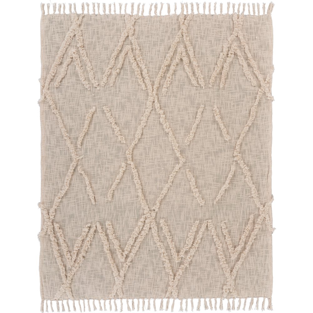 Beige Geometric Hand-Woven All-Natural Cotton Throw Blanket. Picture 1