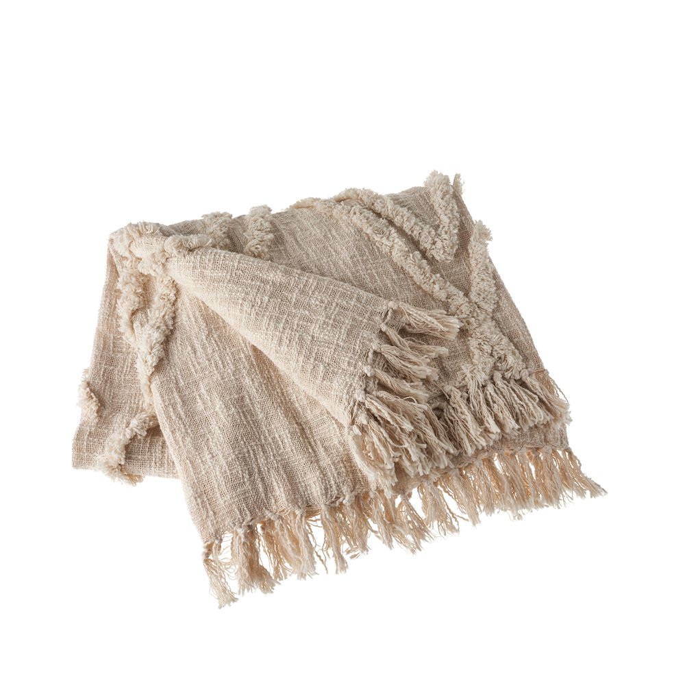 Beige Geometric Hand-Woven All-Natural Cotton Throw Blanket. Picture 2