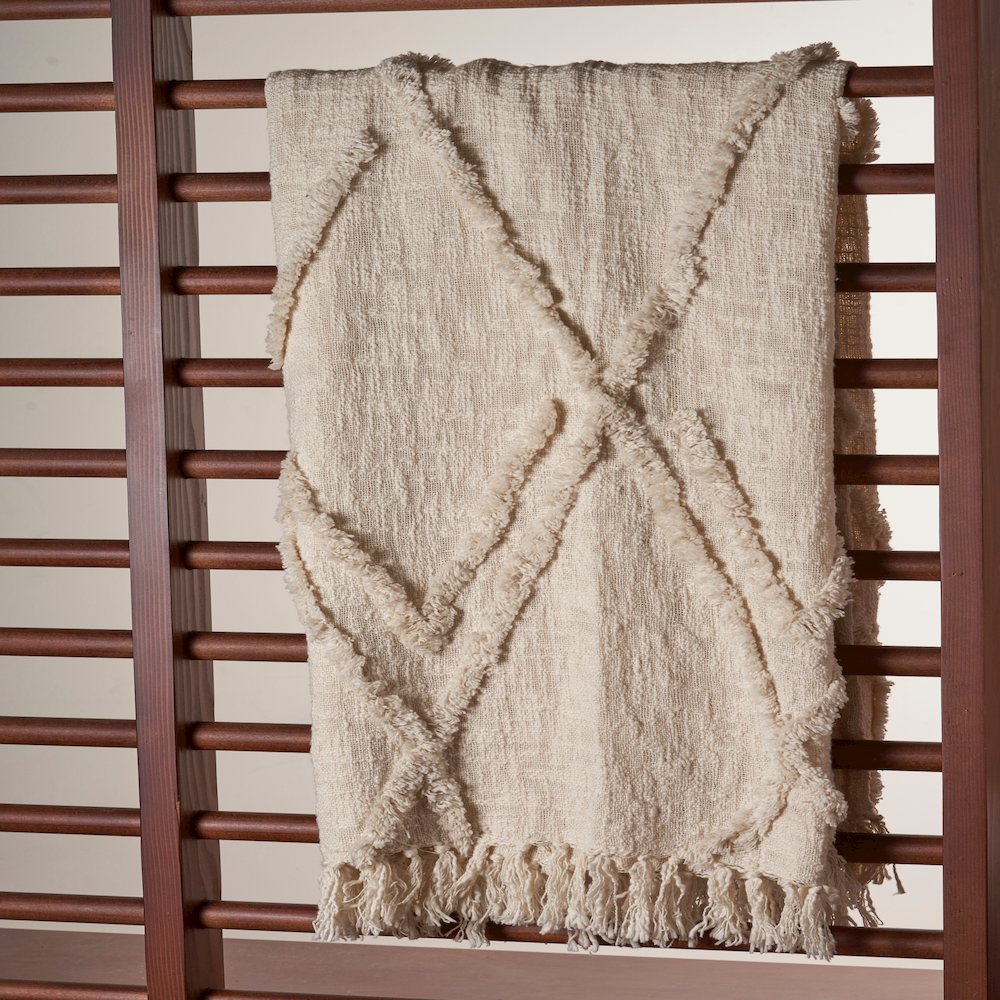 Beige Geometric Hand-Woven All-Natural Cotton Throw Blanket. Picture 3