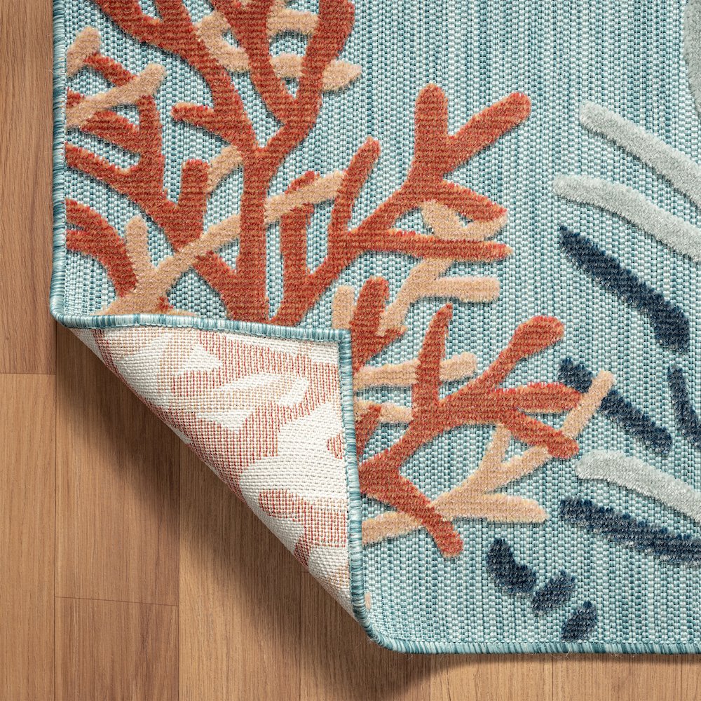 Coral Reef Hi-Low Coastal Blue Indoor Outdoor Area Rug. Picture 3