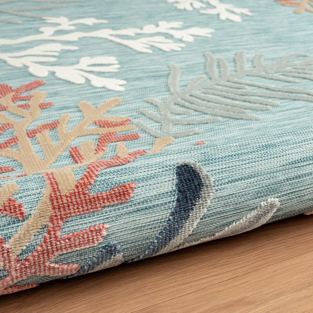 Coral Reef Hi-Low Coastal Blue Indoor Outdoor Area Rug. Picture 4