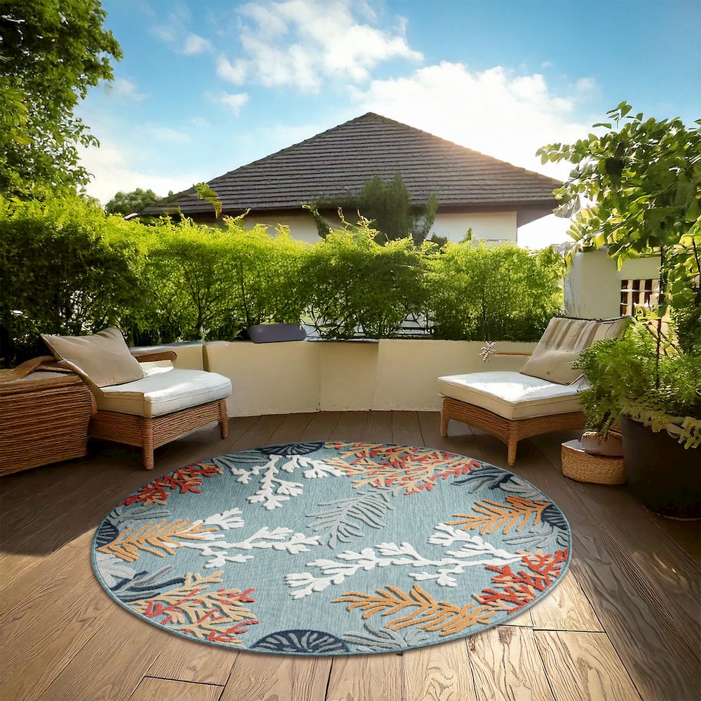 Coral Reef Hi-Low Coastal Blue Indoor Outdoor Area Rug. Picture 2
