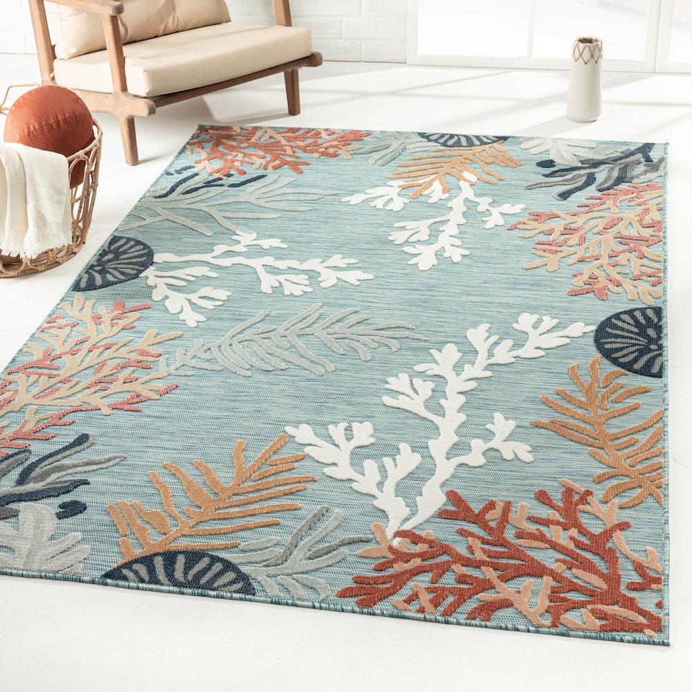 Coral Reef Hi-Low Coastal Blue Indoor Outdoor Area Rug. Picture 7
