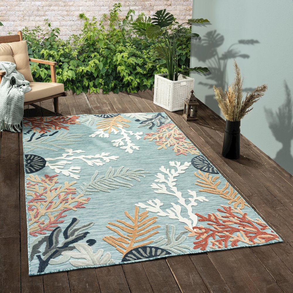 Coral Reef Hi-Low Coastal Blue Indoor Outdoor Area Rug. Picture 8