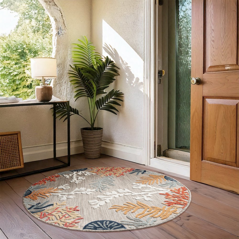 Coral Reef Hi-Low Coastal Gray Taupe Indoor Outdoor Area Rug. Picture 2